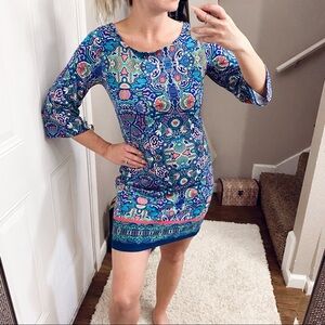 Laundry by Shelli Segal blue spring print flare sleeve shift dress size XS